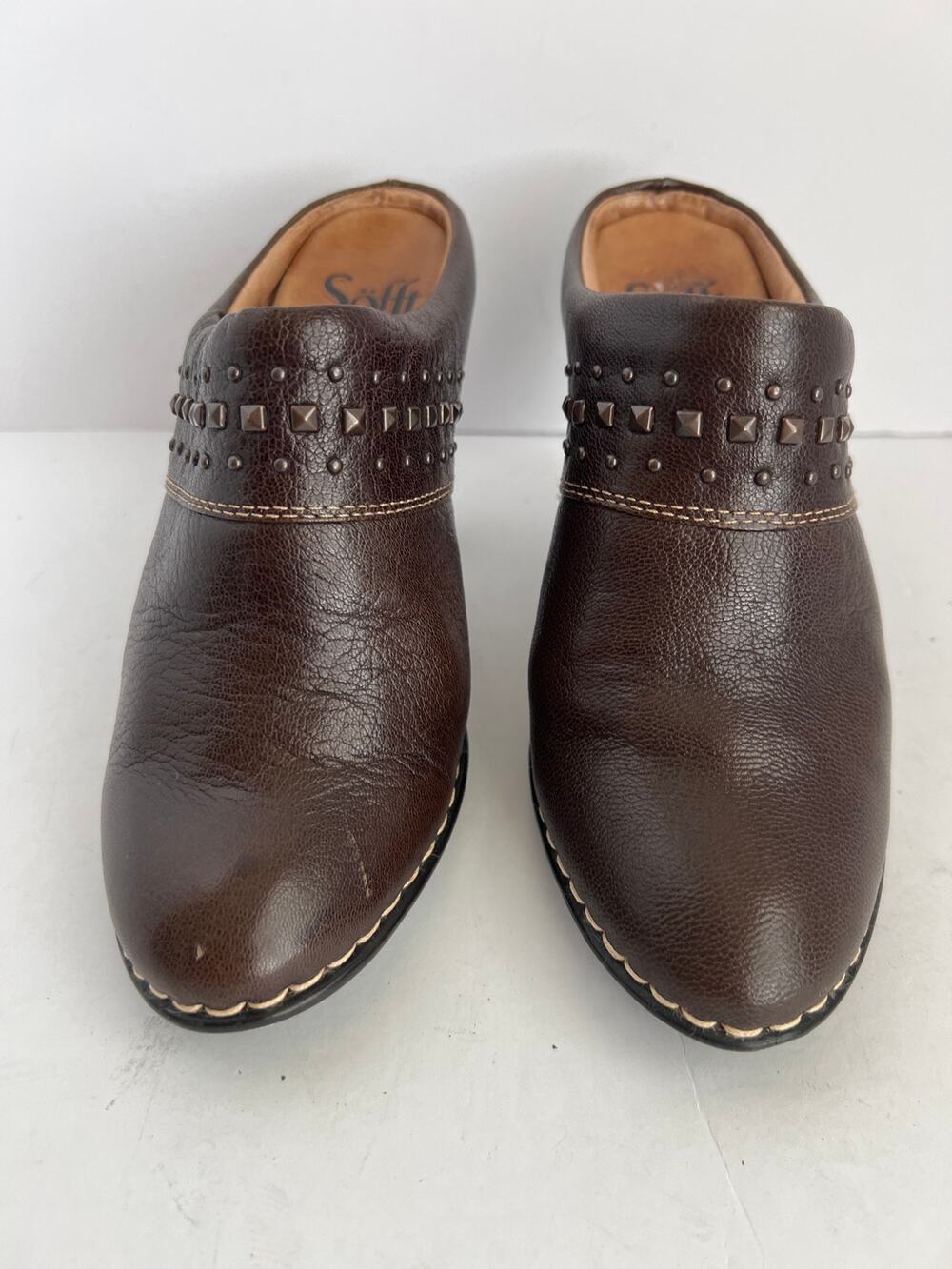 Sofft Brown Leather Studded Heeled Mules Clogs Comfort Boho Slip On Shoes 6M
